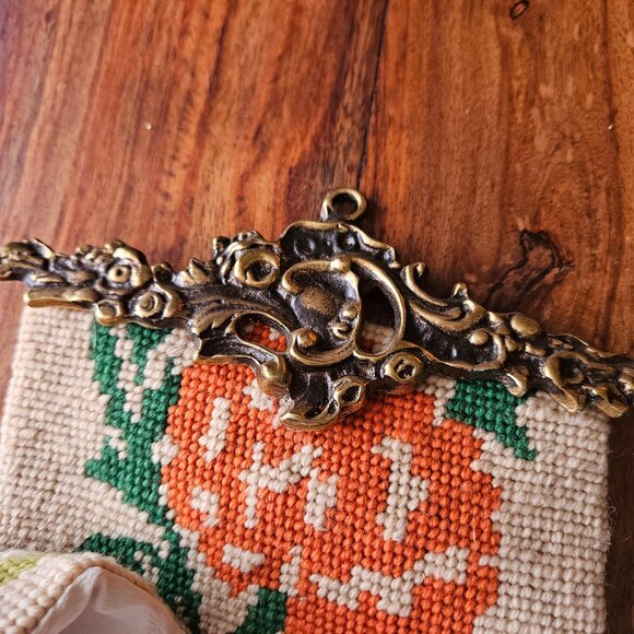 Vintage Scandinavian Hand Embroidered Floral Brass Wall Hanging Bell Pull 68" - Picture 4 of 9